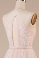 Laden Sie das Bild in den Galerie-Viewer, Tüll Neckholder Schlüsselloch Champagner Brautkleid mit Applikationen